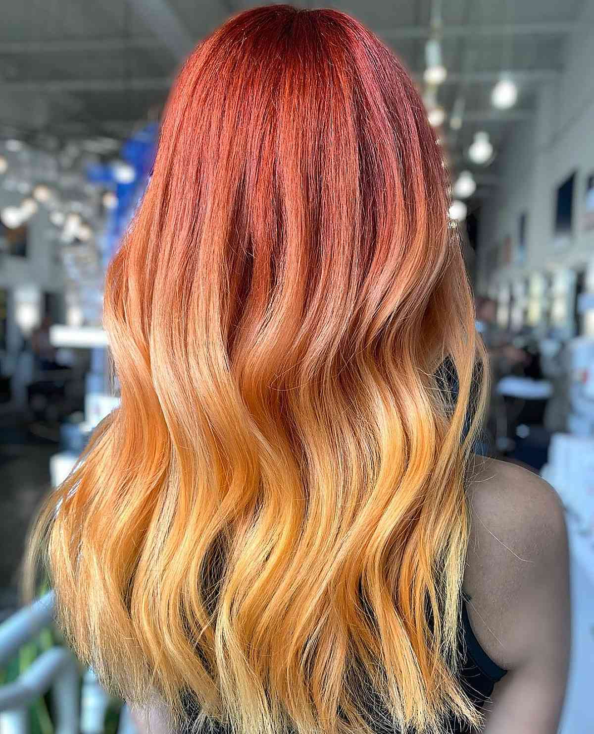 Long red to blonde ombre hair color
