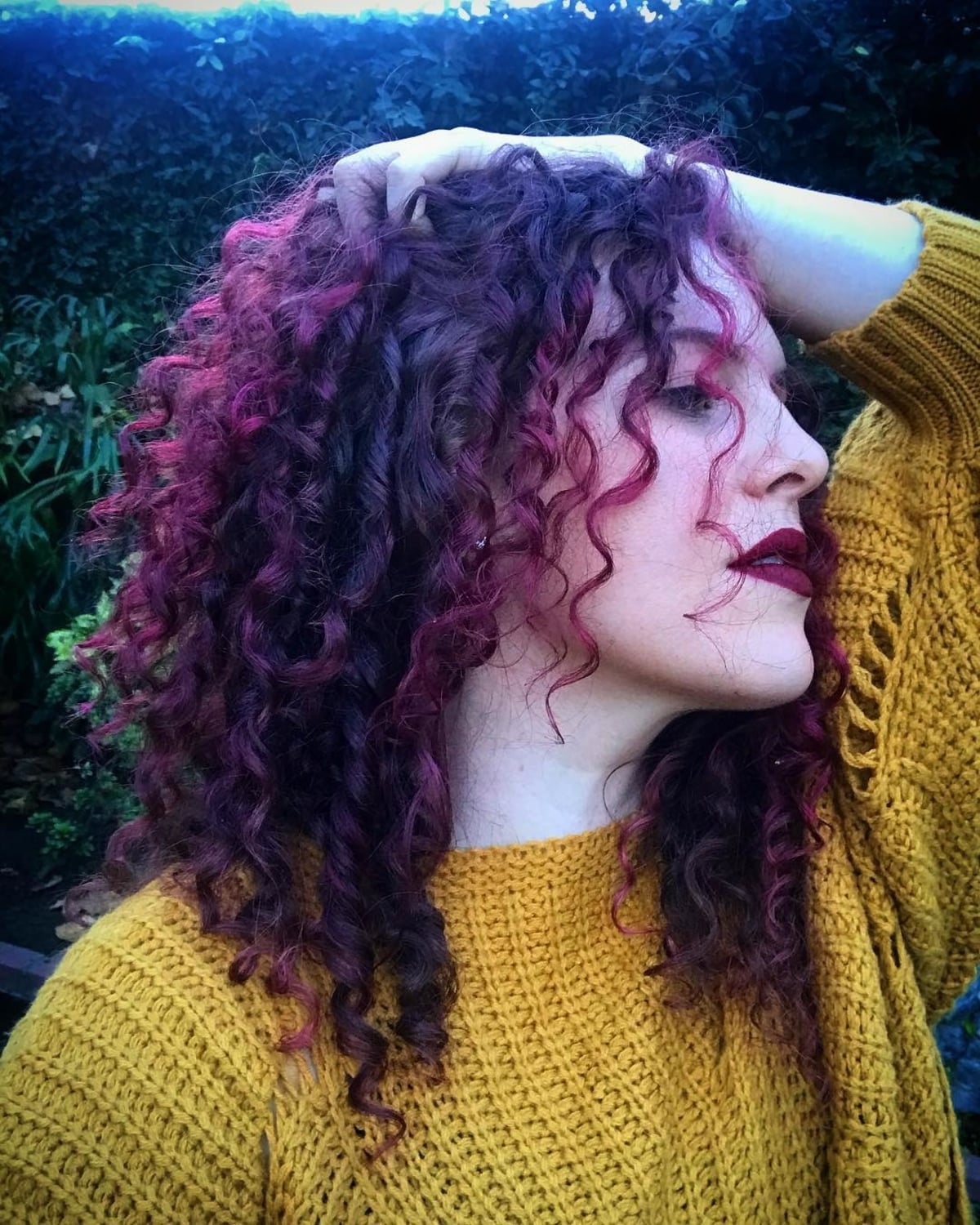 Maroon-burgundy hair color idea for curly tresses