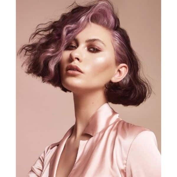 Medium Brown Bob With Lilac Money Piece For Wavy Hair