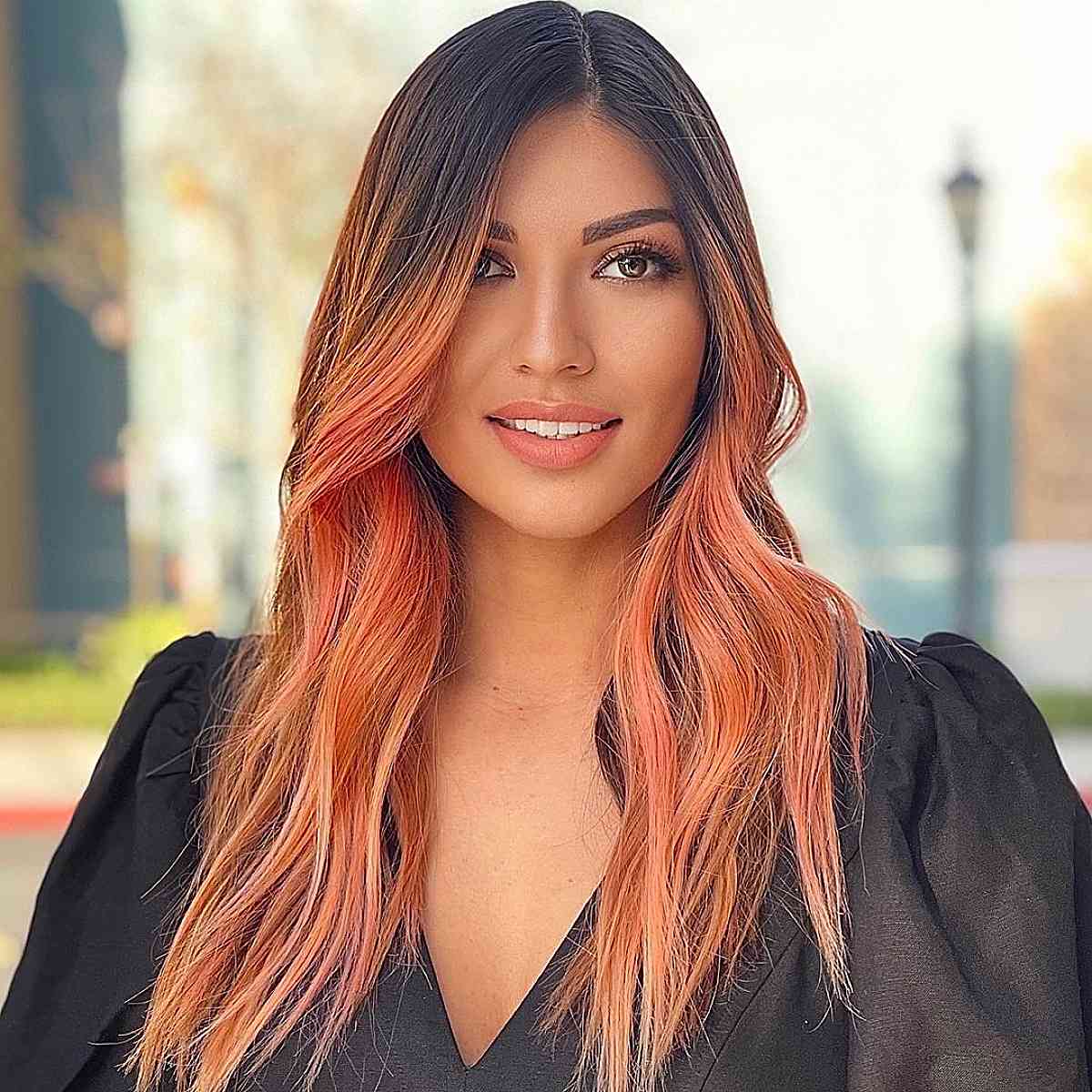 medium brunette to peachy pink ombre hair