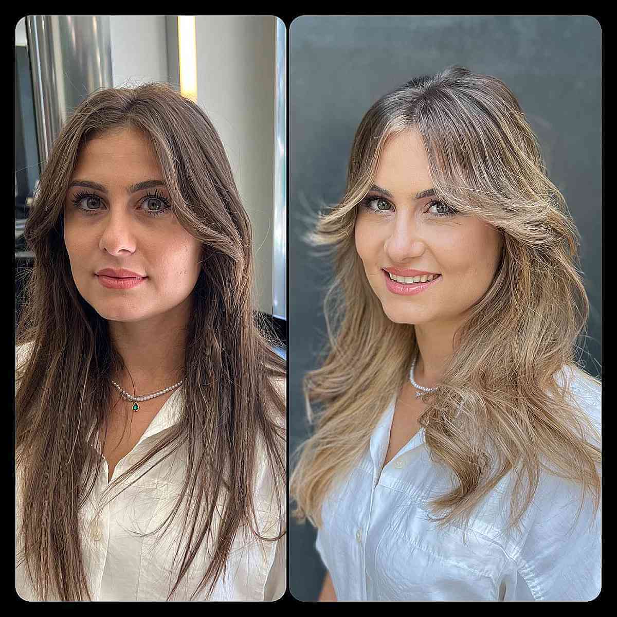 Medium-Length Blonde Balayage with Flowing Curtain Bangs