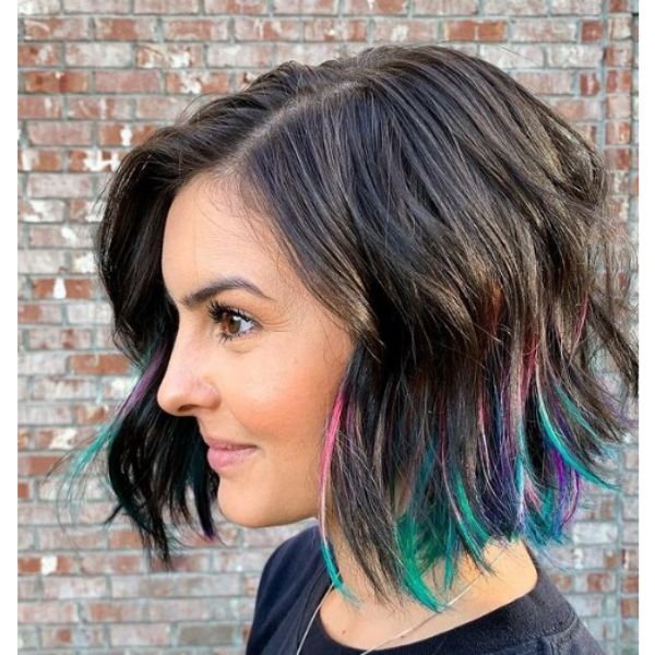 Medium Length Haircut For Wavy Hair with Multicolored Highlights