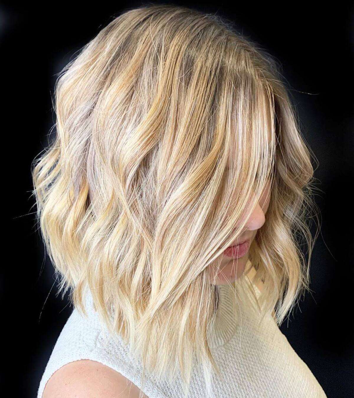 Medium length Inverted Blonde Bob 