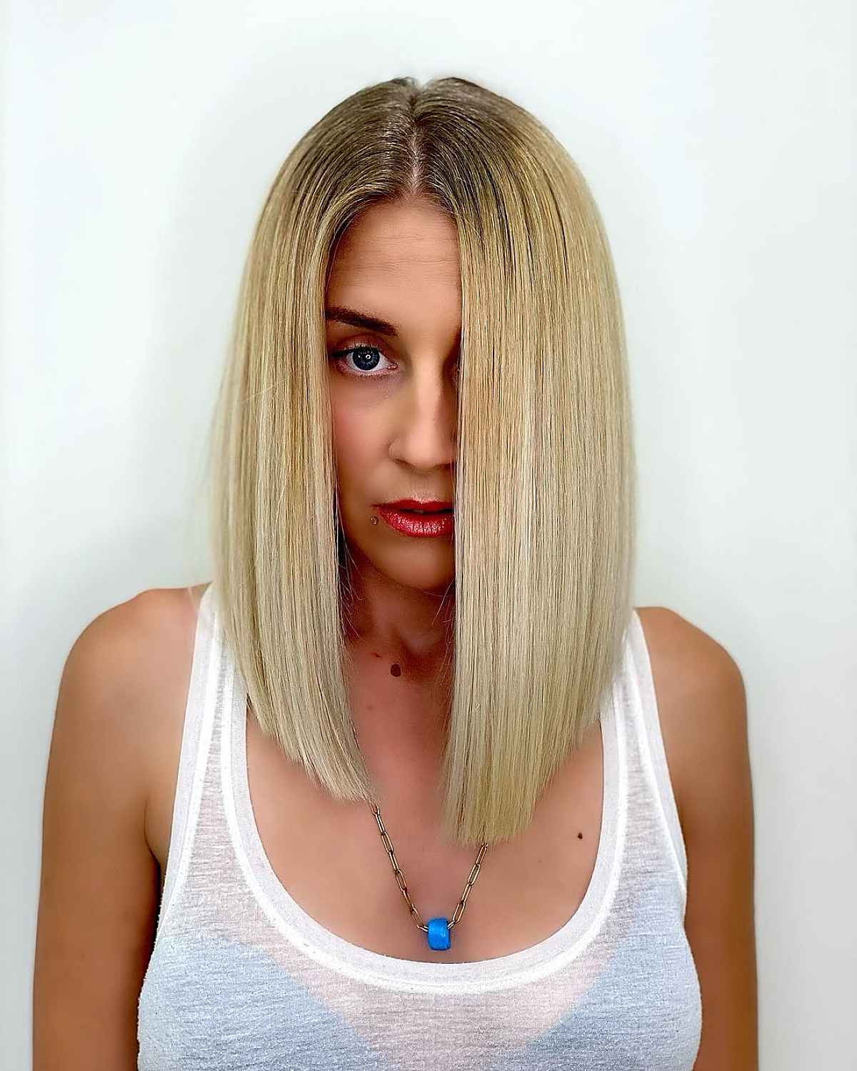 Medium Straight Hair with an Off-Center Part