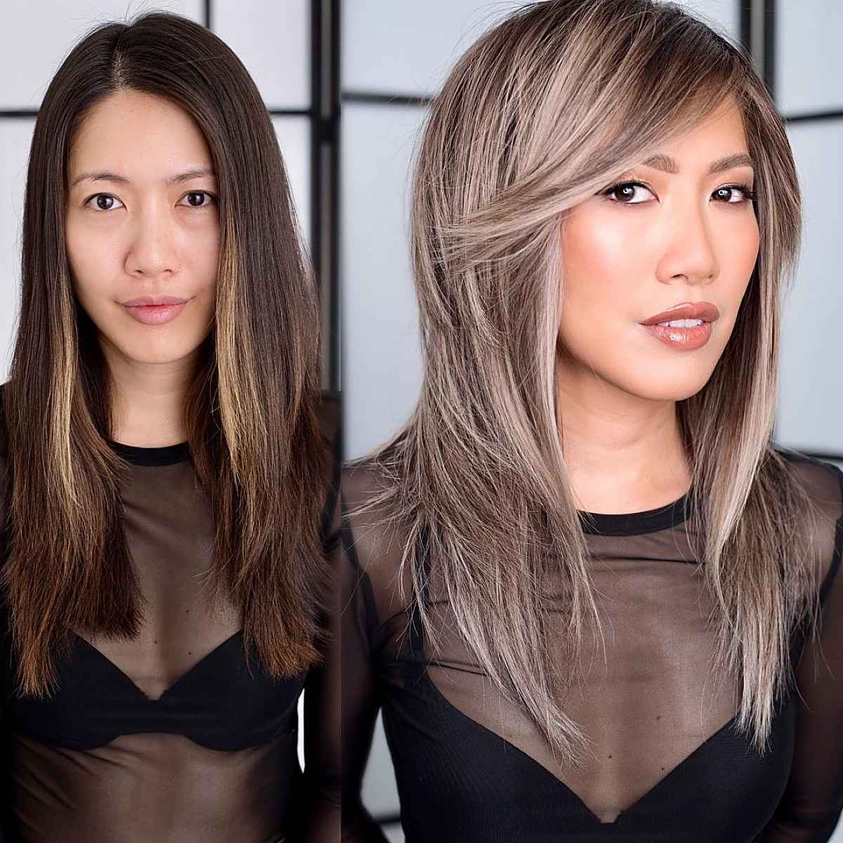 medium straight hair with long side bangs and layers