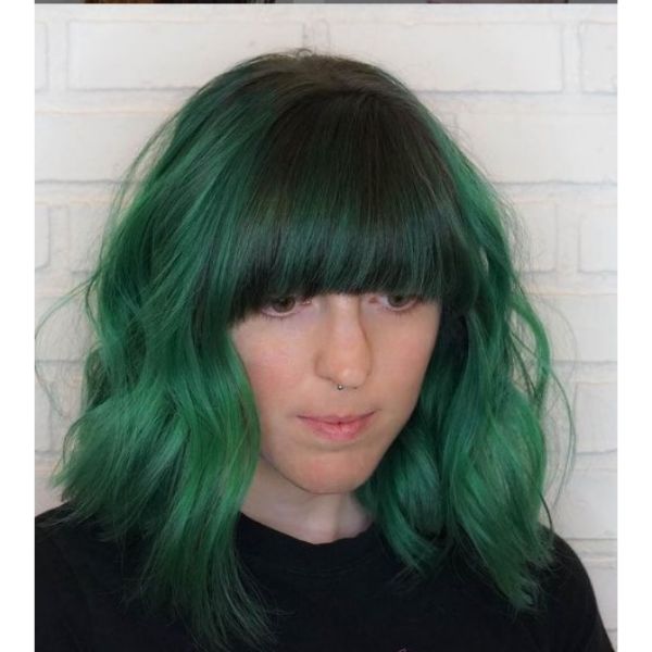  Mermaid Green Medium Haircuts For Wavy Hair with Thick Straight Bangs