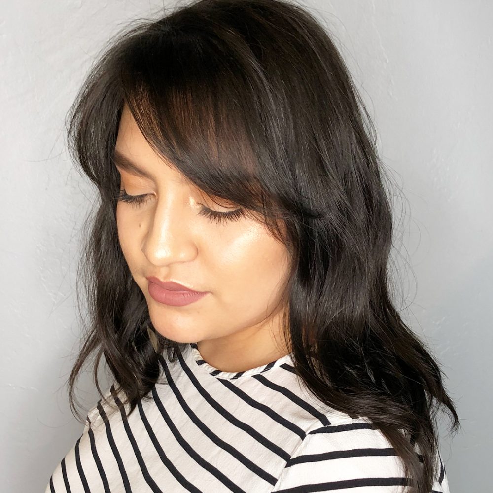 Mid Length Lob with Side-Swept Bangs