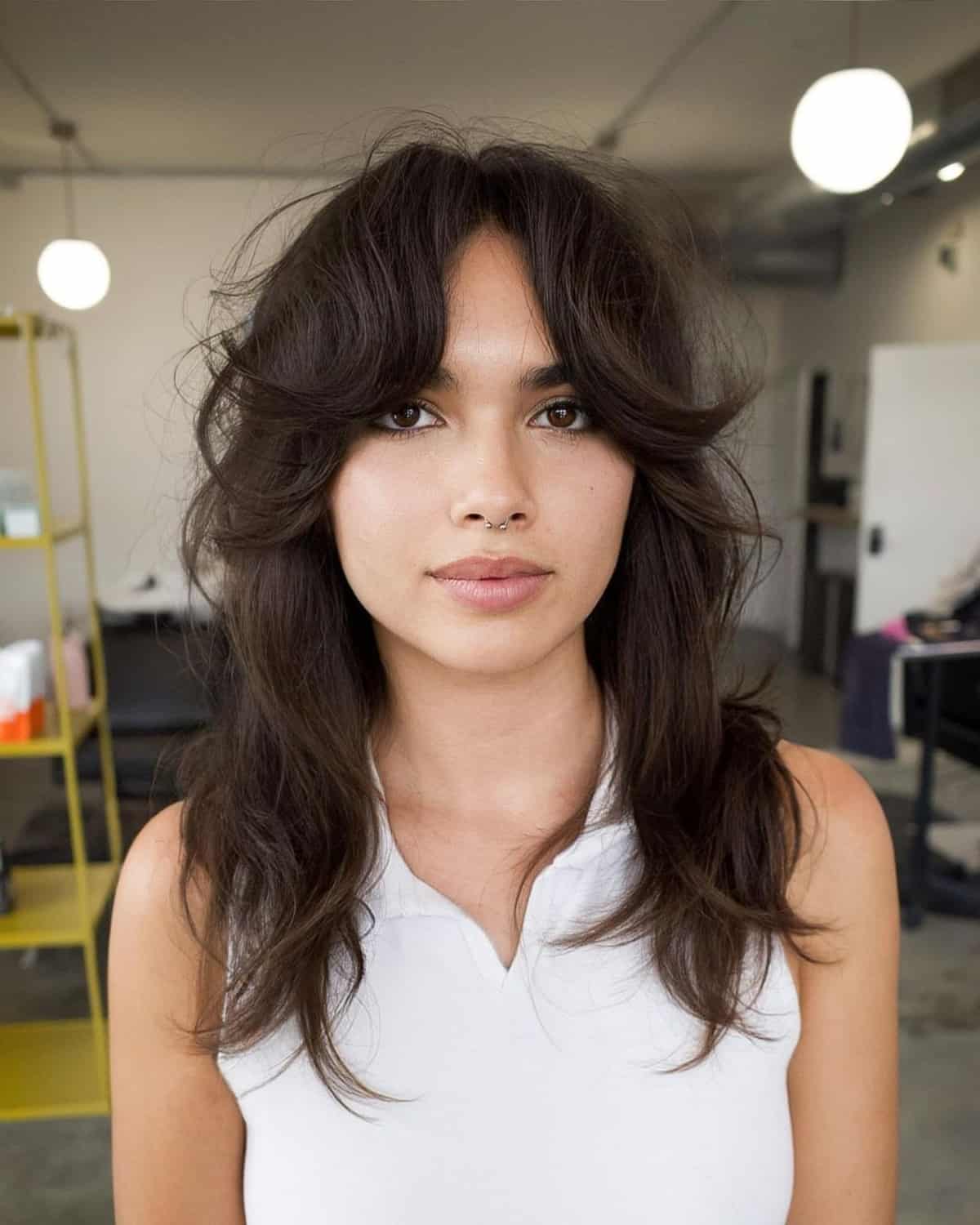 Mid-length textured shag cut with choppy ends