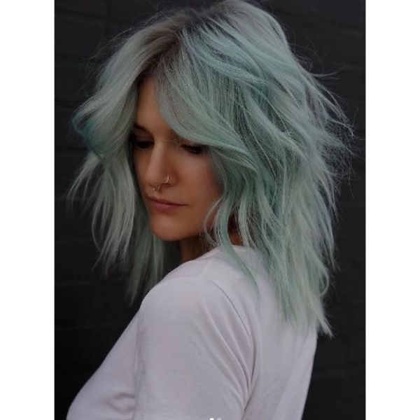 Mint Colored Medium Haircut For Wavy Hair With Undone Waves
