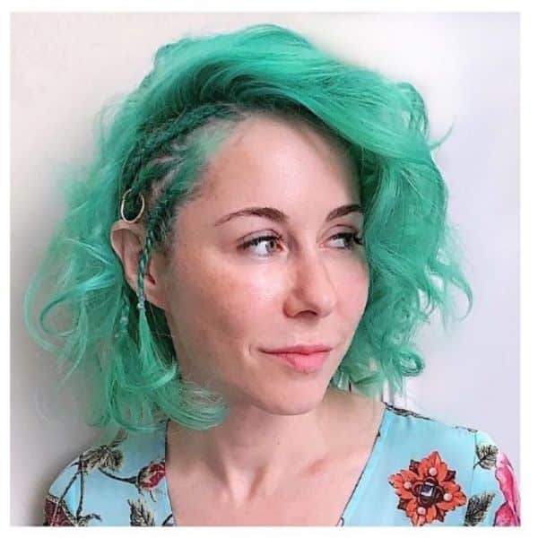 Mint Green Curly Bob With Side Braids And Hair Rings