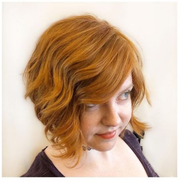 Natural Copper Red A-line Bob With Wavy Curls