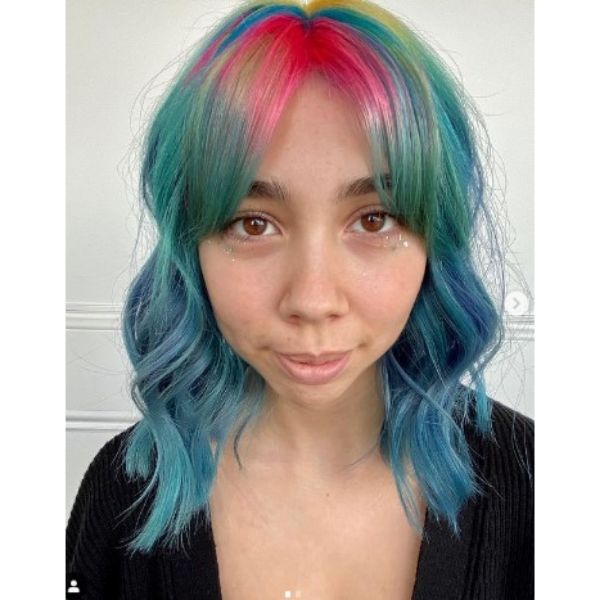  Neon Rainbow Medium Haircuts For Wavy Hair With Straight Bangs
