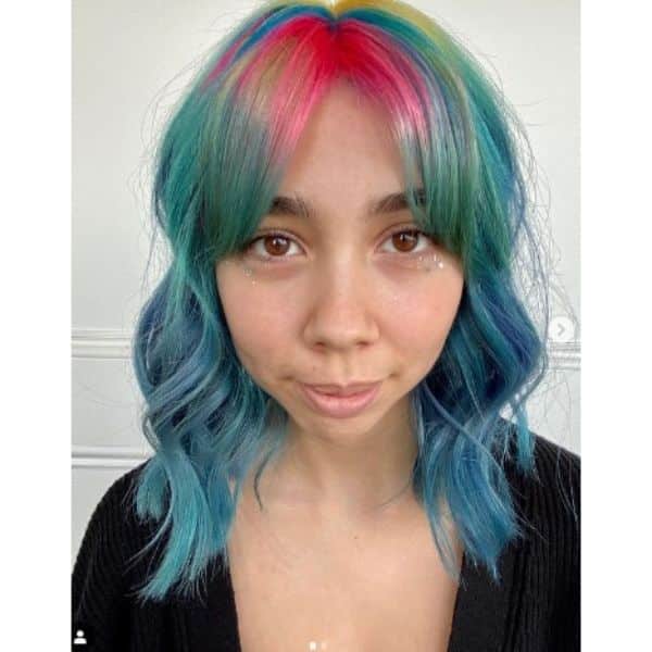 Neon Rainbow Medium Haircuts For Wavy Hair With Straight Bangs