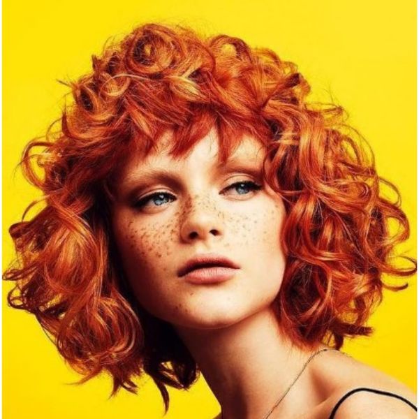 Orange Shaggy Curly Bob Hair