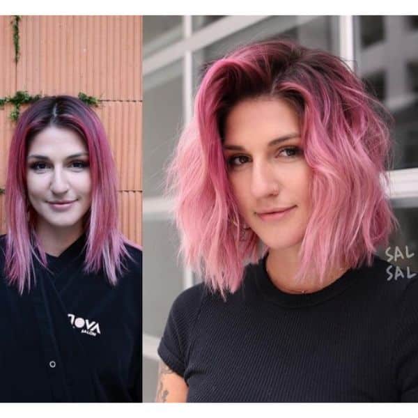 Pale Pink Medium Haircut For Wavy Hair With Dark Roots