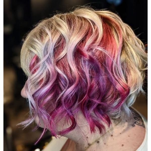 Pastel Rainbow Diagonal Curly Bob Hairstyle