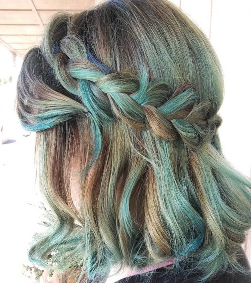 Picture of a braided aqua shoulder-length hair