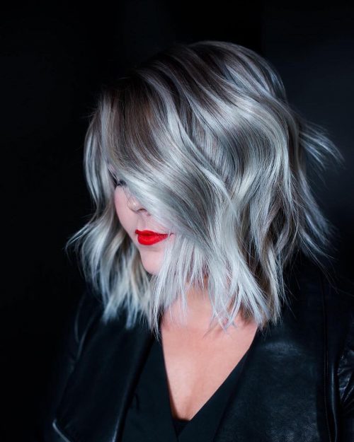 Picture of waves of silver shoulder-length hair