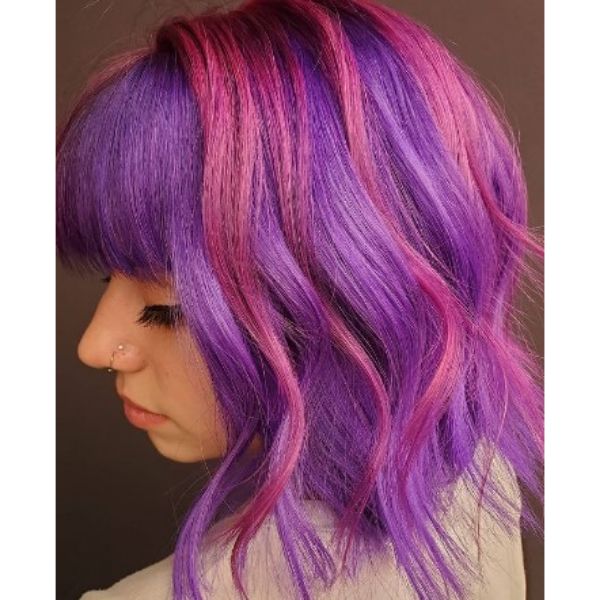 Pink Purple Wavy Bob With Straight Bangs