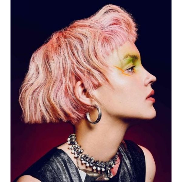 Pink Wavy Bob With Short Fringe