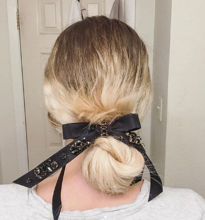 Quick Barette Bun Updo With Black Ribbon