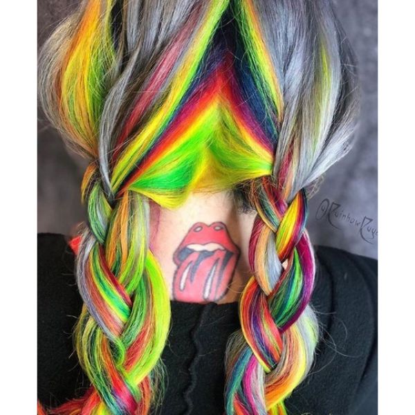 Rainbow Colored Back Braids Updo for Medium Hair