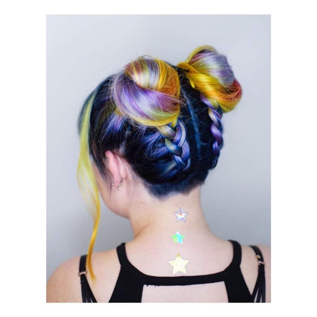 Rainbow Colored Spacebuns with braided back