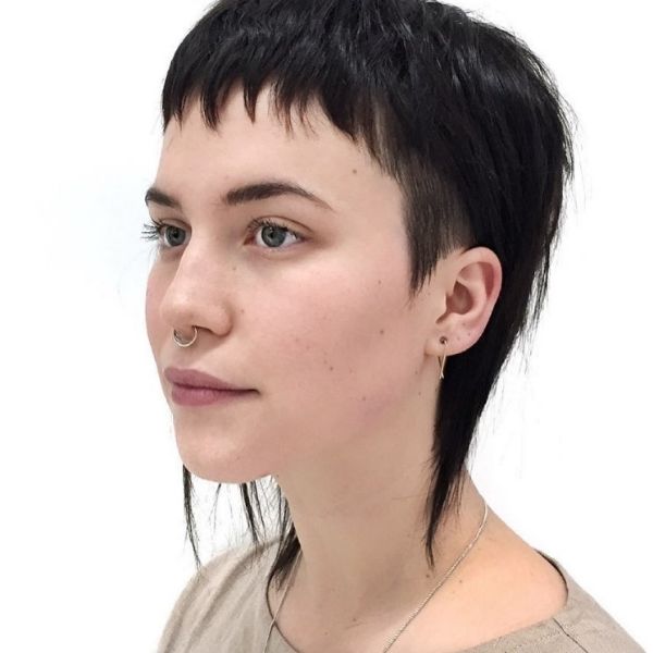 Razor Cut Short Dark Shag Hairstyle With Baby Bangs