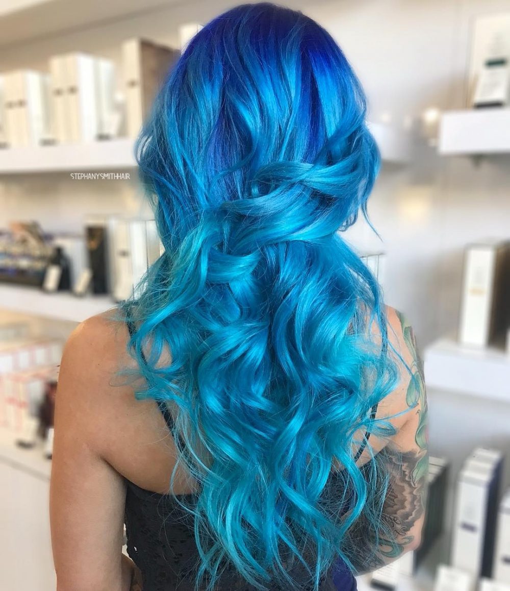 Royal Blue to Ocean Blue Ombre on Long Hair