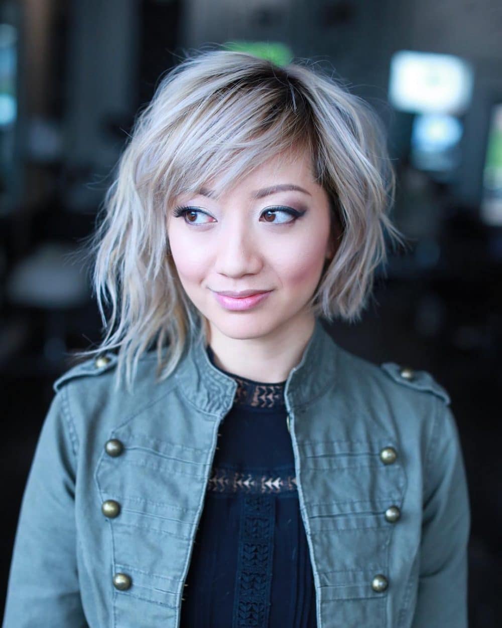 short asymmetrical bob with Side-Swept Bangs