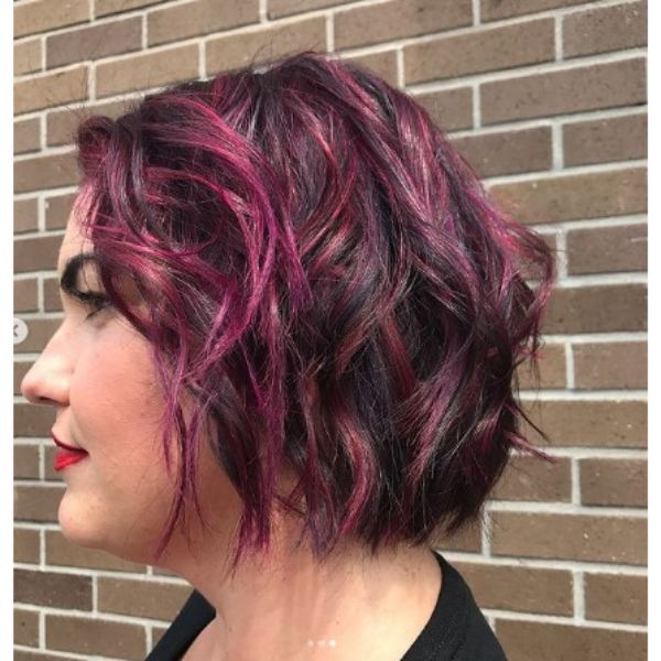 Short Blunt Curly Bob With Thin Pink Highlights