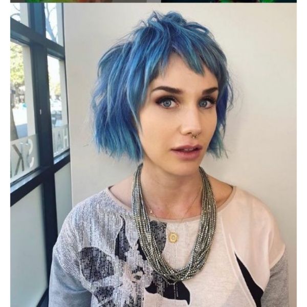 Short Chopped Curly Bob With Blue Strands