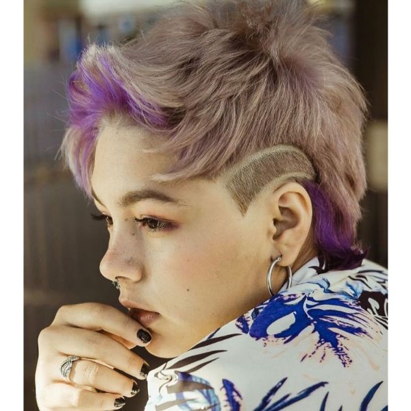 Short Cropped Mullet With Razor Design And Lilac Up-swept Bangs