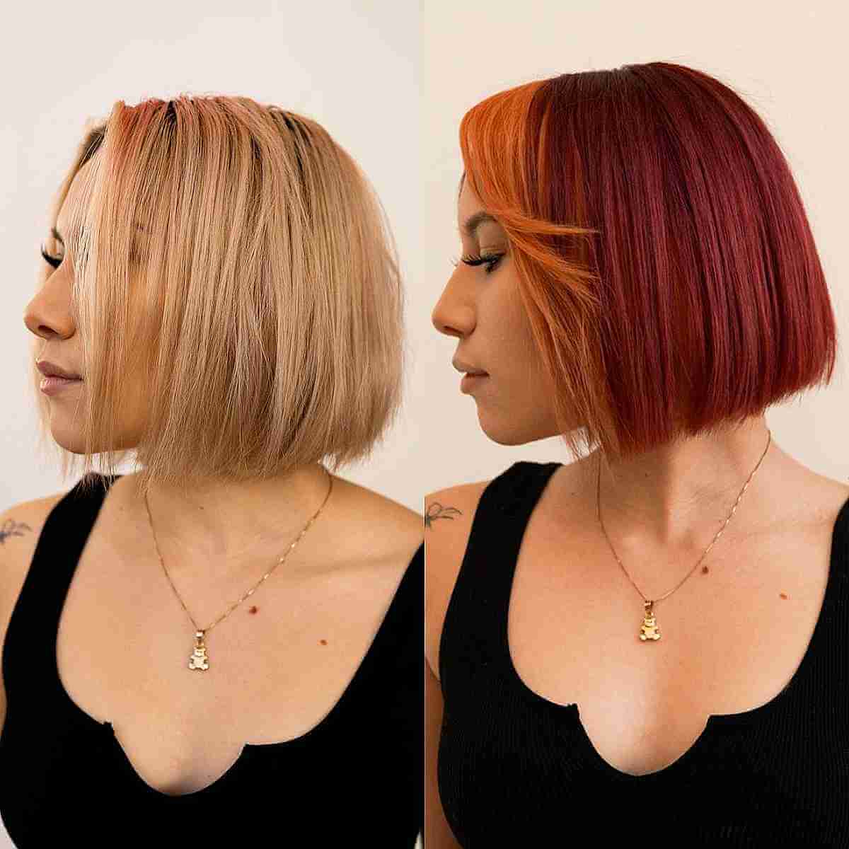 Short Red Blunt Cut with Orange Bangs