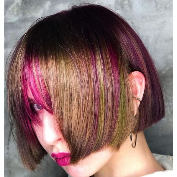 Short Shiny Brown Bob With Pink Highlights cute hairstyles for short hair