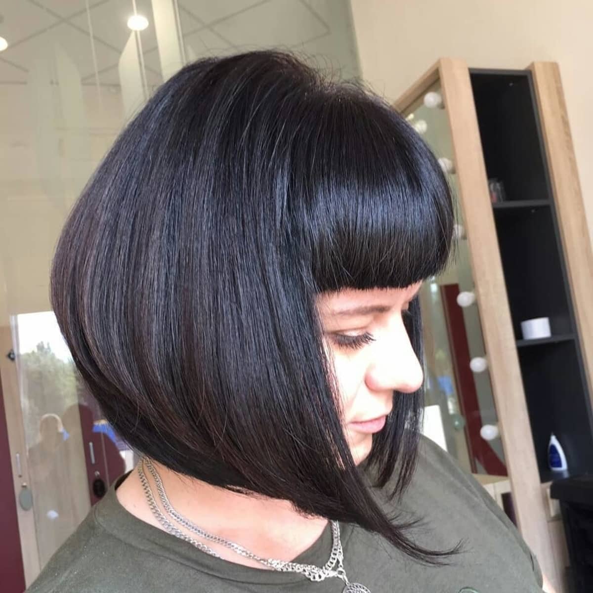 Short stacked bob with bangs