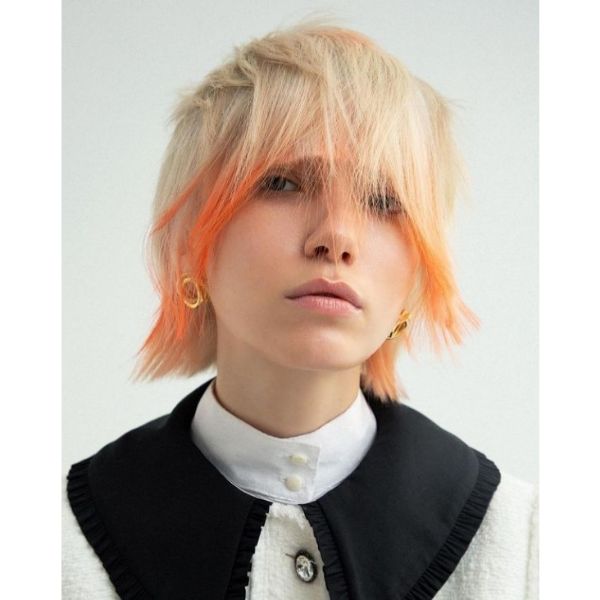 Short Straight Blonde Mullet With Orange Rounded Bangs