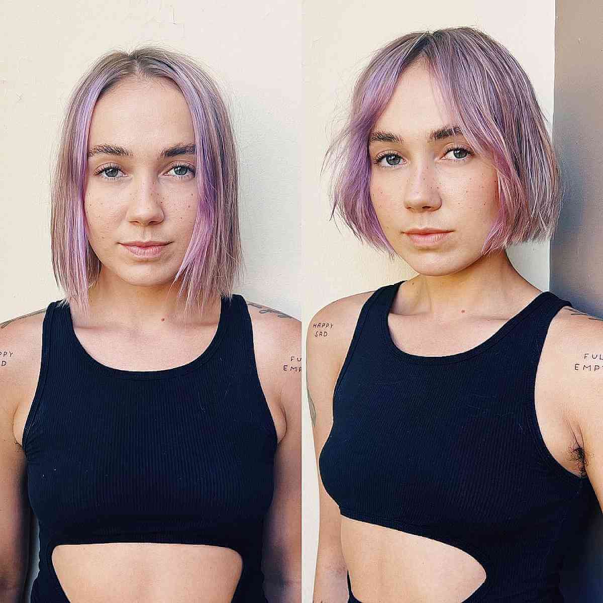 Short Textured Choppy and Blunt Bob with Purple Highlights