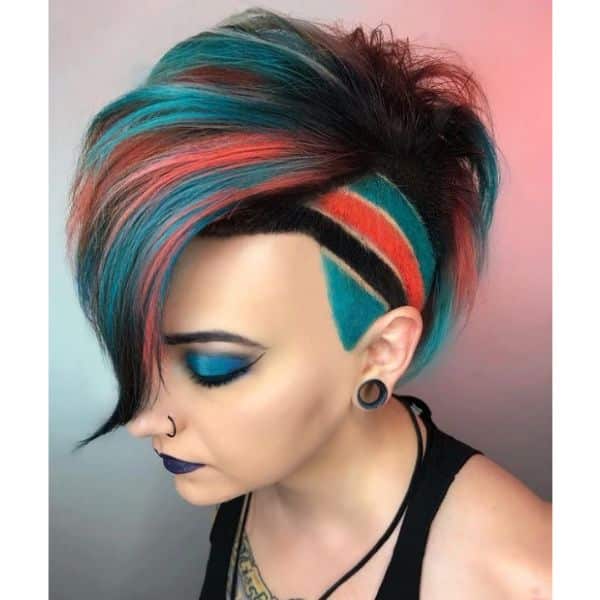 Short Undercut Colored With Bright Orange Teal Stripes