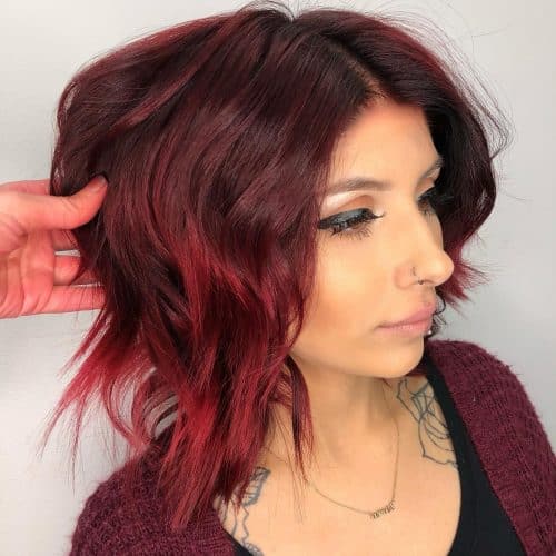 shoulder-length mahogony dark red hair