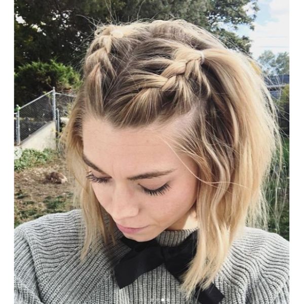 Side French Braids Top of Head Updo