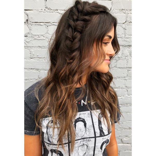 Side-Swept French Braided Hairstyles with Free - falling Long Hair