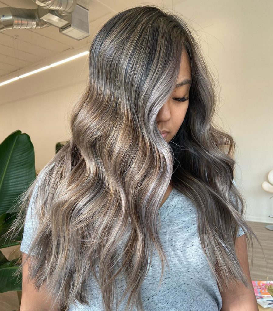 Silver Balayage for Long Wavy Hair