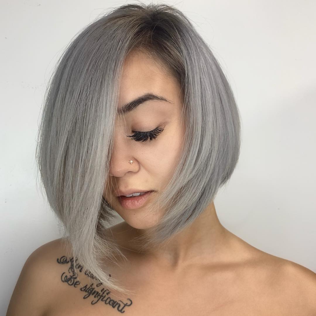 silver short asymmetrical bob with layers