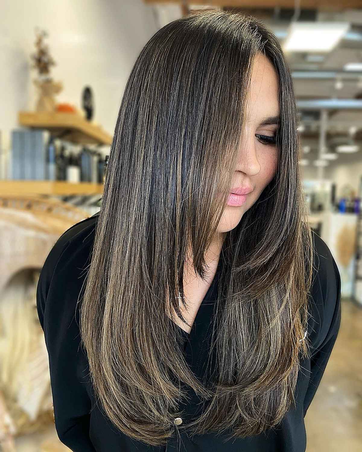 Straight long layered Dimensional Balayage and Highlights