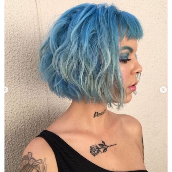 Teal Blue Curly Bob With Baby Bangs