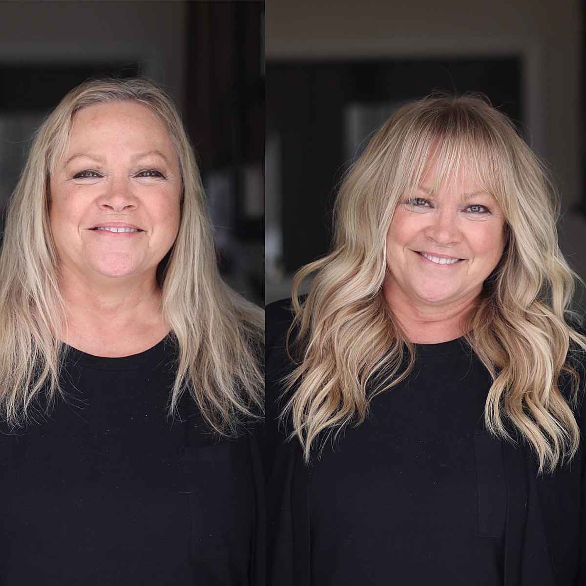 textured shoulder-length shag cut with bangs