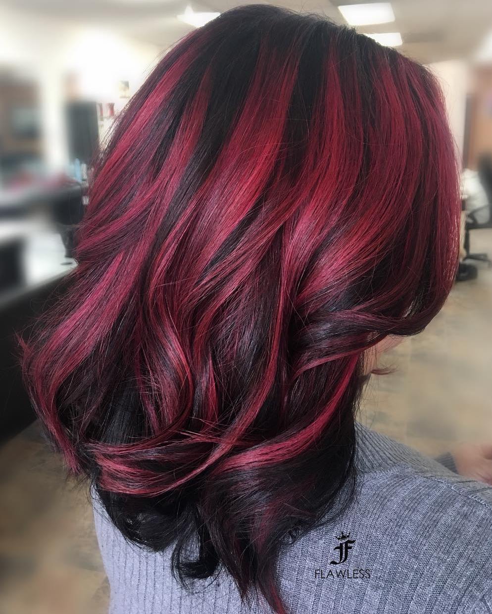 Thick Black Hair with Burgundy Highlights