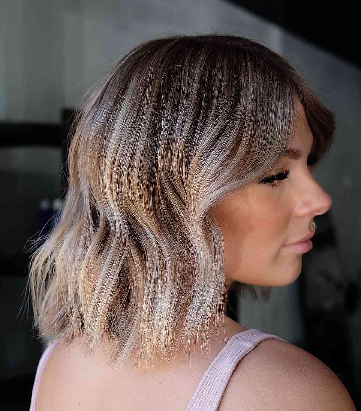 Tousled Short Bob with Dark Roots and Highlights