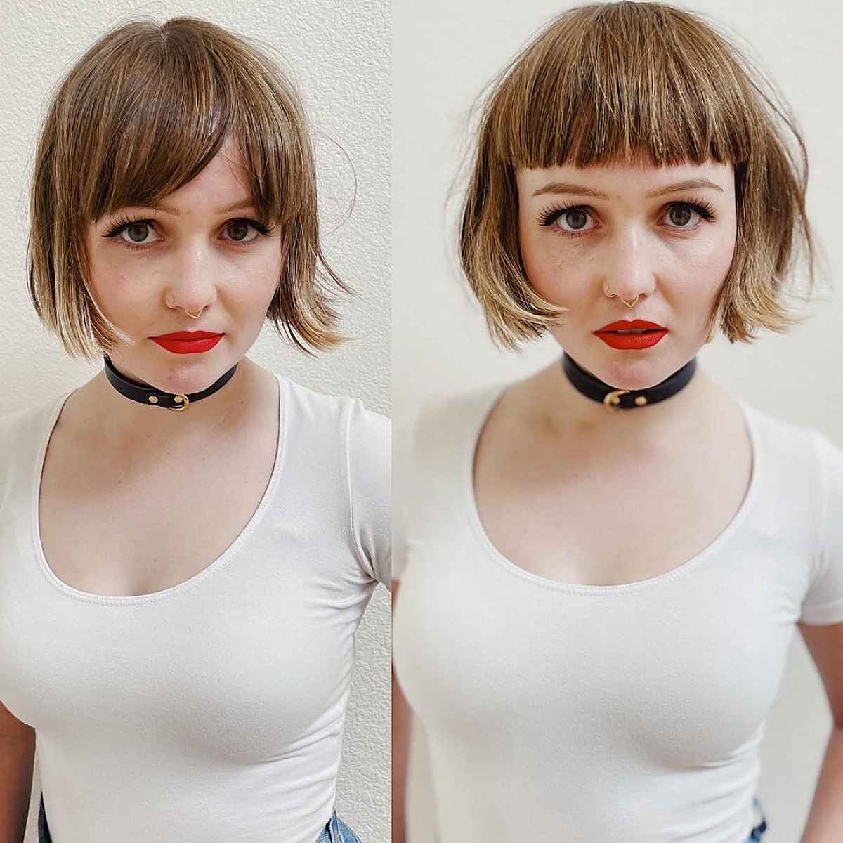 very short hair with blunt bangs and chopped layers